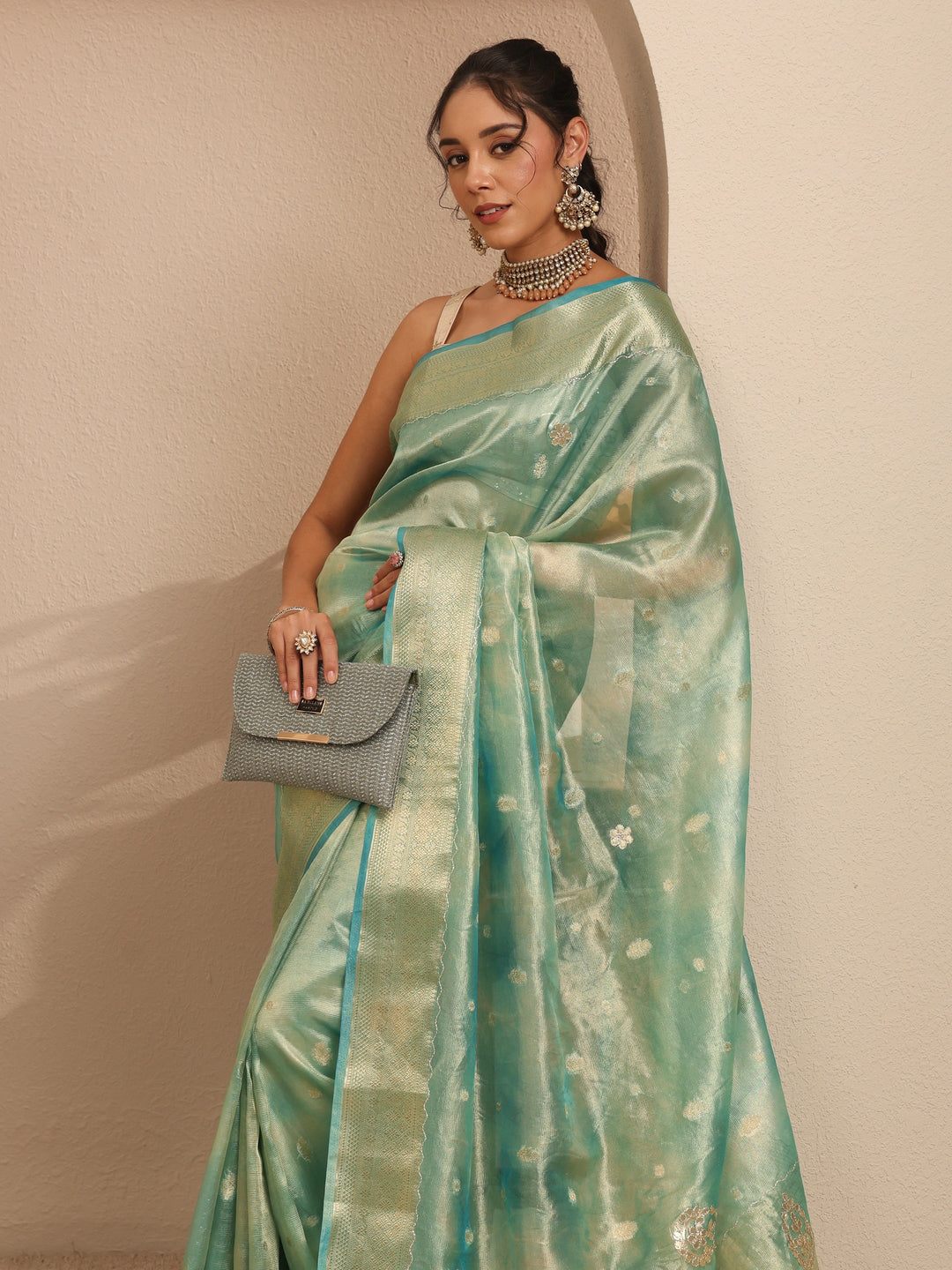  Powder Blue Floral Woven Design Silk Blend Saree 