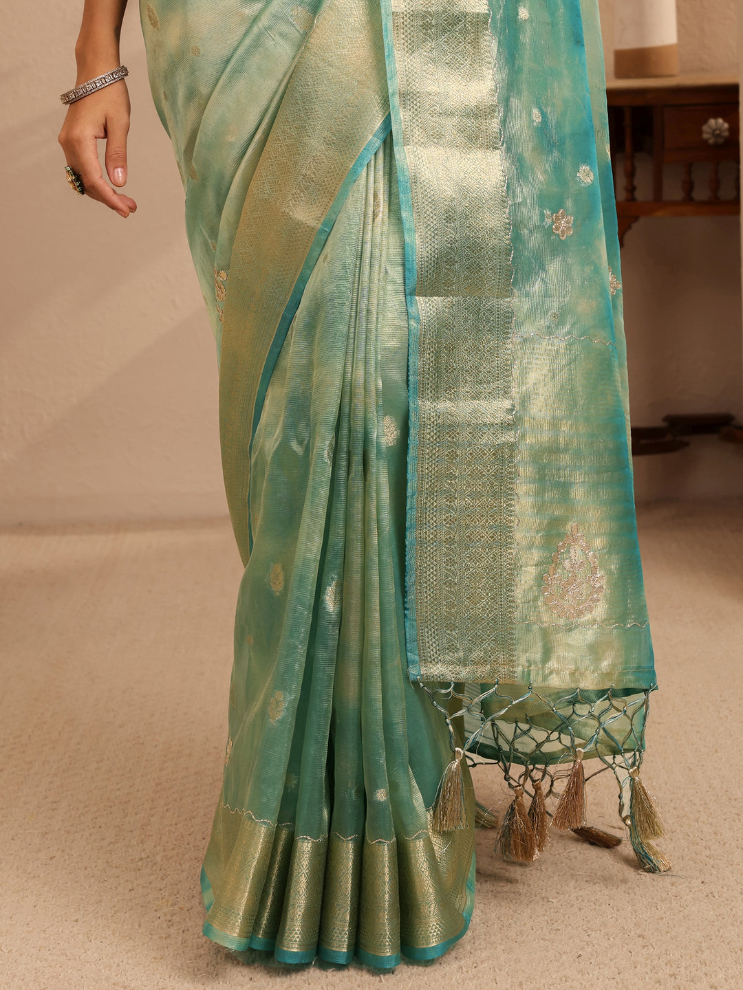  Powder Blue Floral Woven Design Silk Blend Saree 