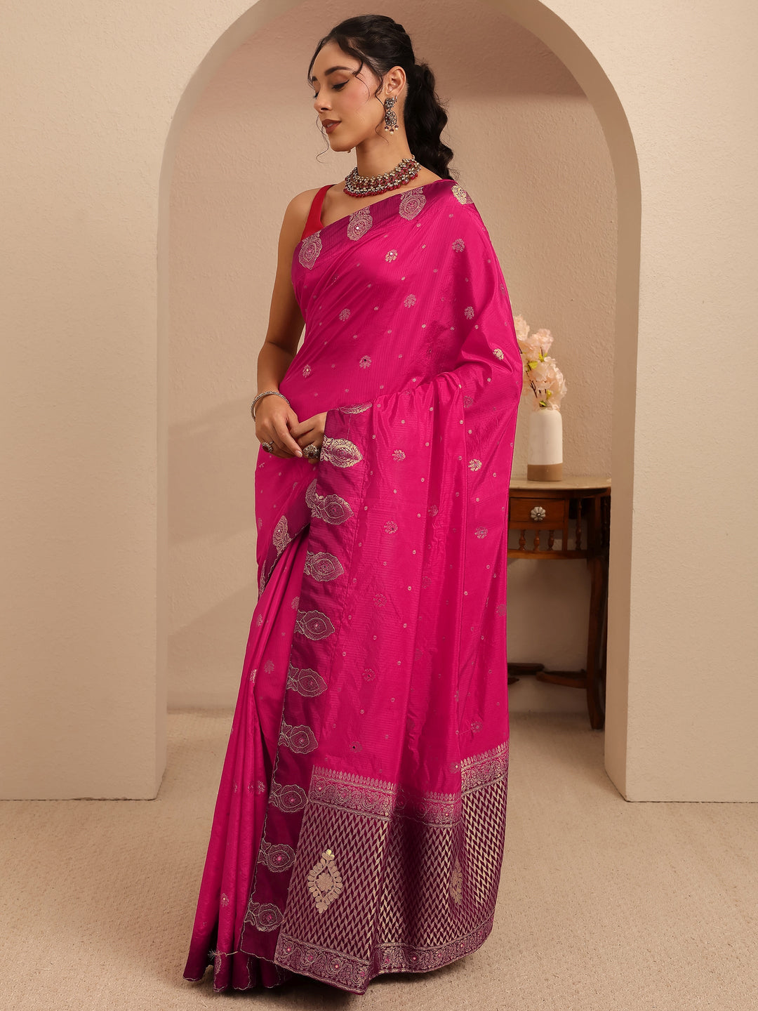  Rani Pink Ethnic Woven Design Silk Blend Saree 
