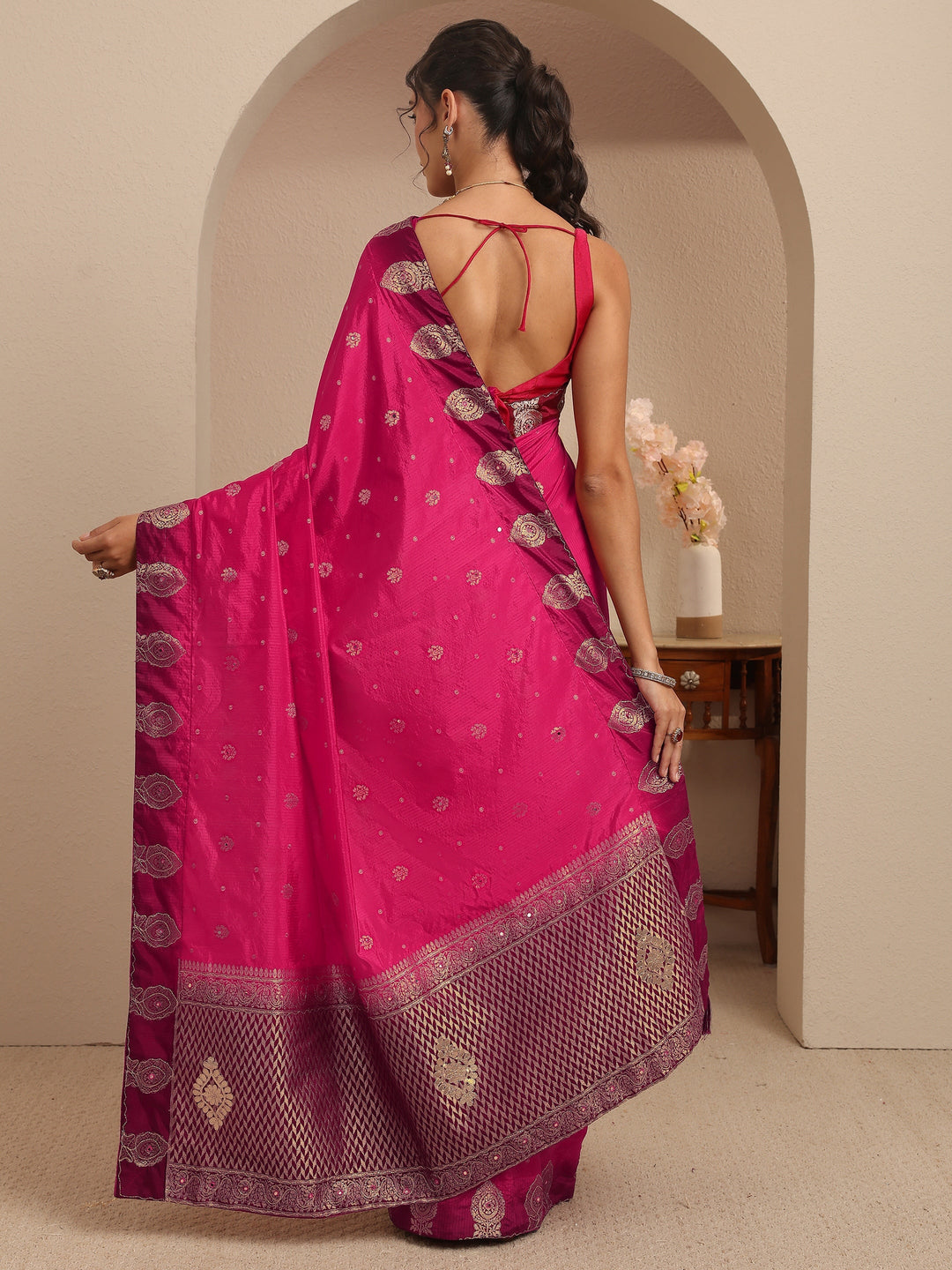  Rani Pink Ethnic Woven Design Silk Blend Saree 