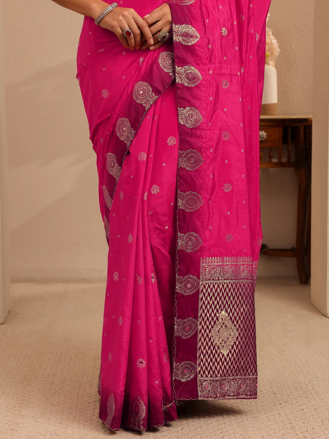  Rani Pink Ethnic Woven Design Silk Blend Saree 