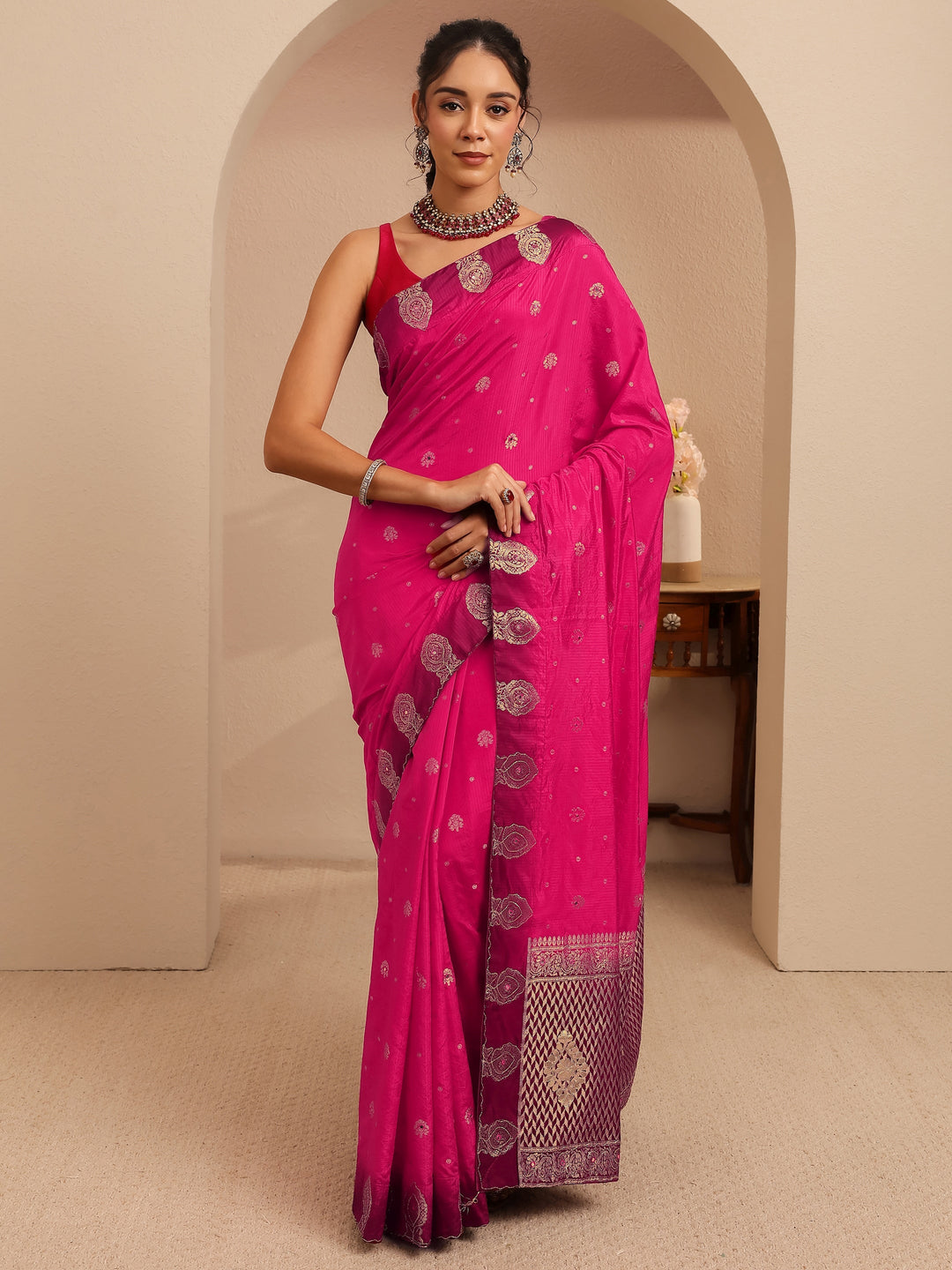  Rani Pink Ethnic Woven Design Silk Blend Saree 