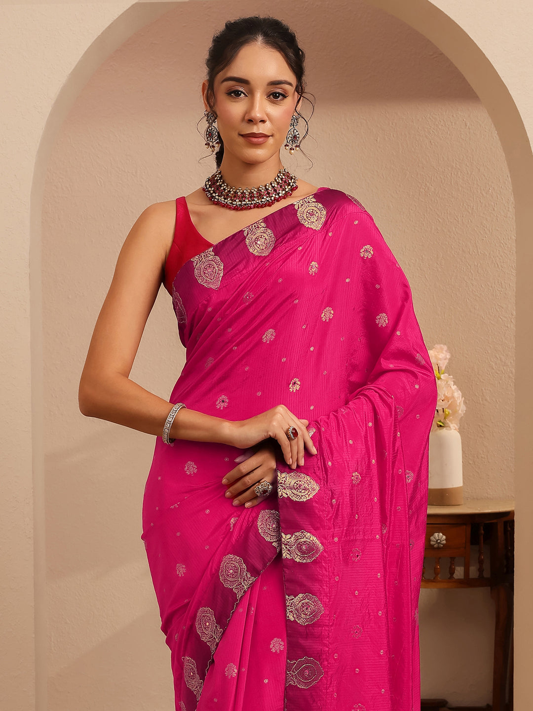 Rani Pink Ethnic Woven Design Silk Blend Saree 