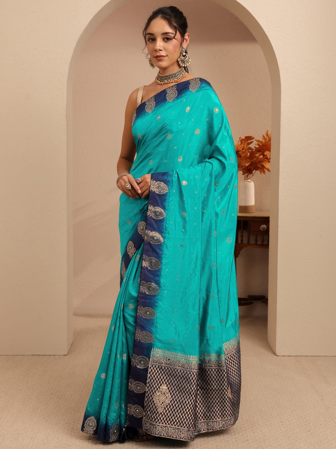  Aqua Blue Ethnic Woven Design Silk Blend Saree 