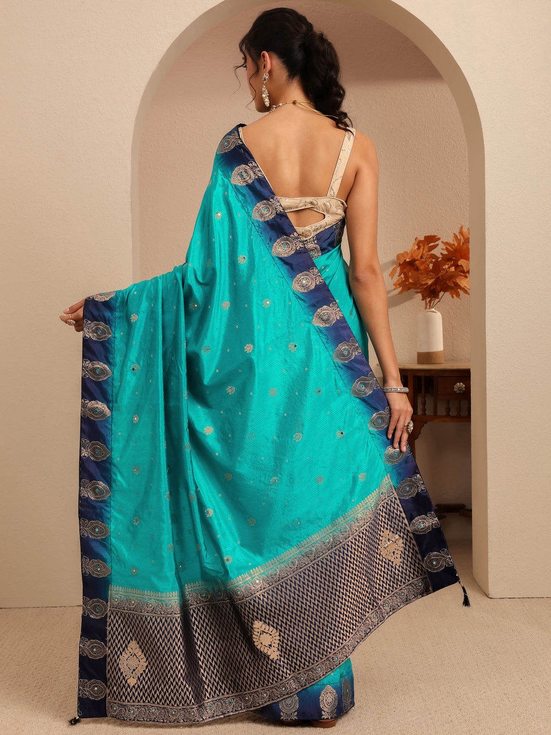  Aqua Blue Ethnic Woven Design Silk Blend Saree 