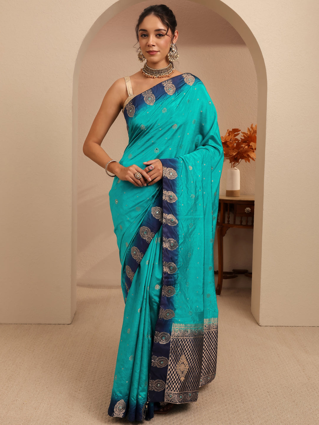  Aqua Blue Ethnic Woven Design Silk Blend Saree 
