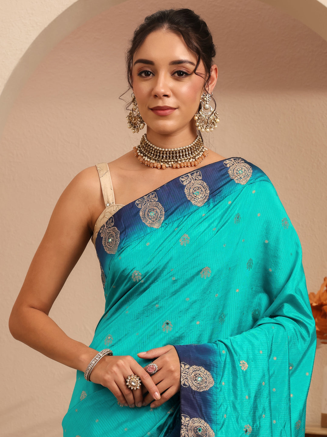  Aqua Blue Ethnic Woven Design Silk Blend Saree 