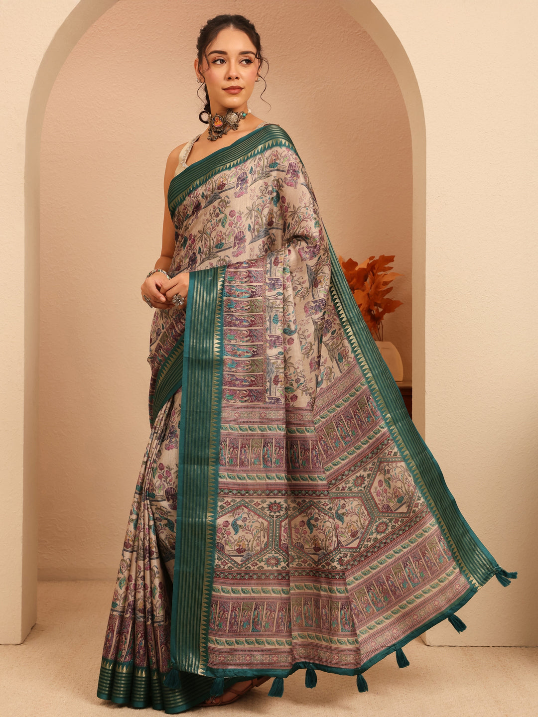  Beige And Dark Green Mughal Print Silk Blend Saree 