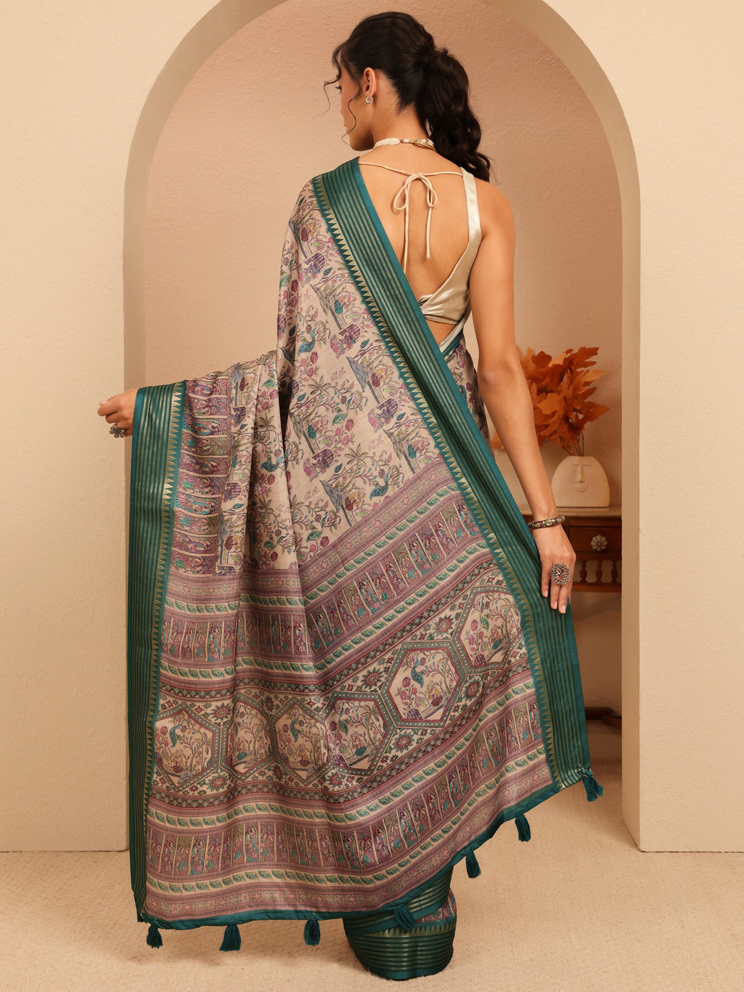  Beige And Dark Green Mughal Print Silk Blend Saree 