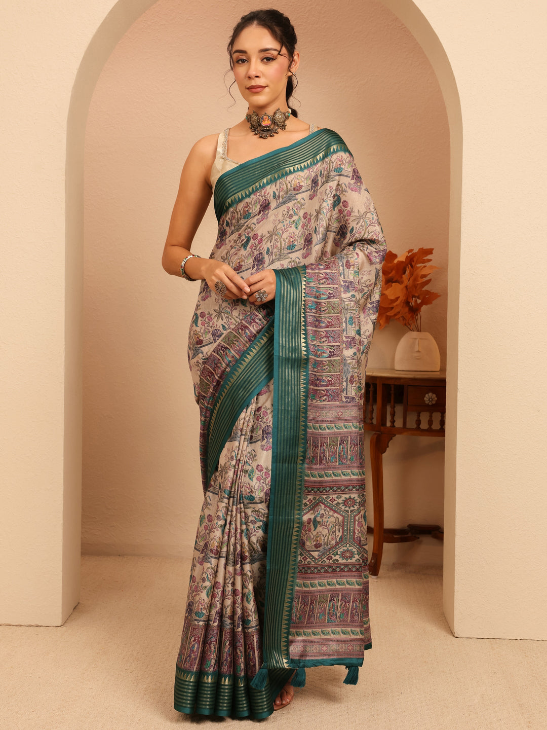  Beige And Dark Green Mughal Print Silk Blend Saree 