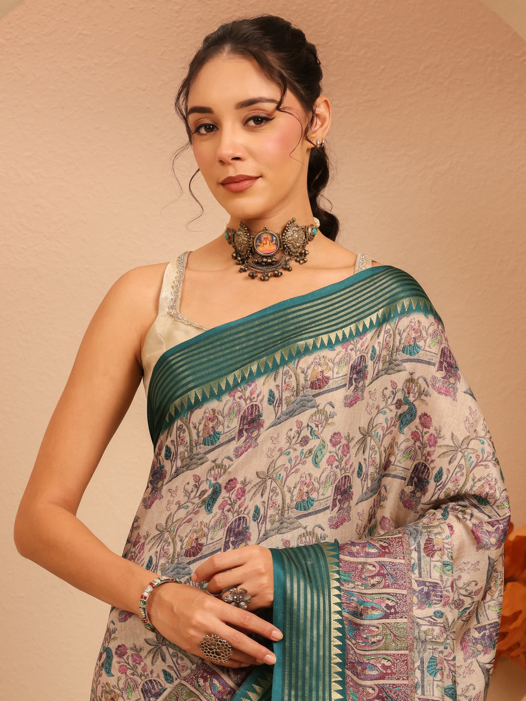  Beige And Dark Green Mughal Print Silk Blend Saree 