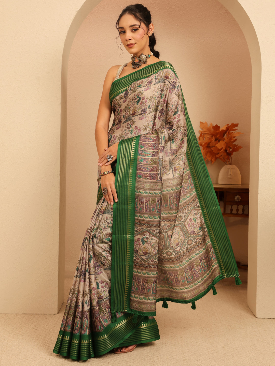  Beige And Green Mughal Print Silk Blend Saree 