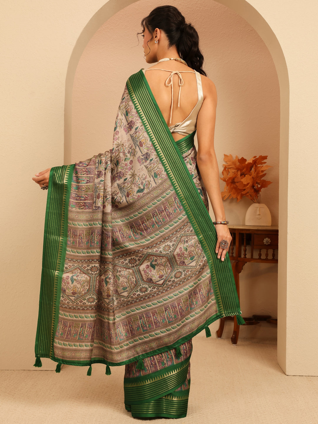  Beige And Green Mughal Print Silk Blend Saree 