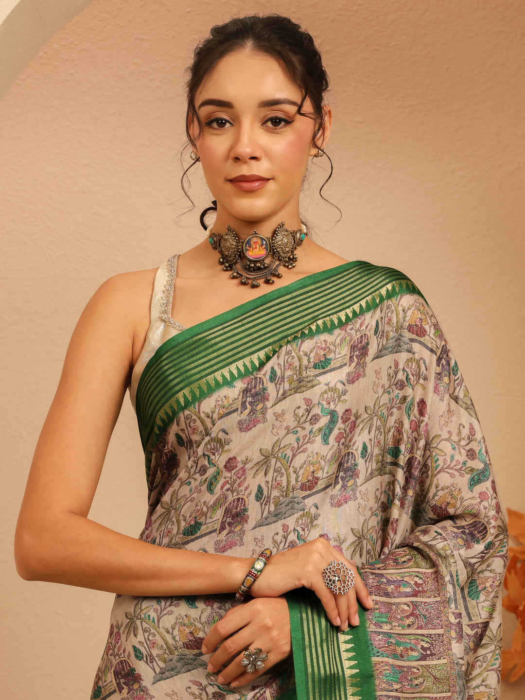  Beige And Green Mughal Print Silk Blend Saree 