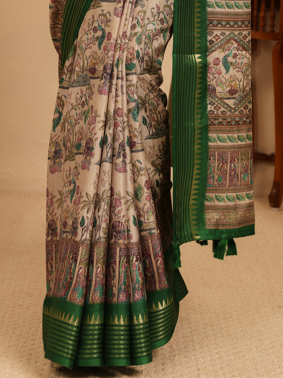  Beige And Green Mughal Print Silk Blend Saree 
