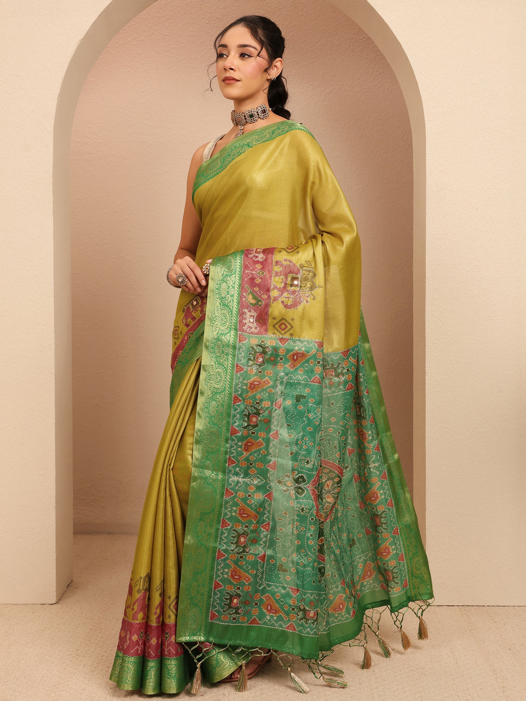  Fern Green Patola Border Silk Blend Saree 