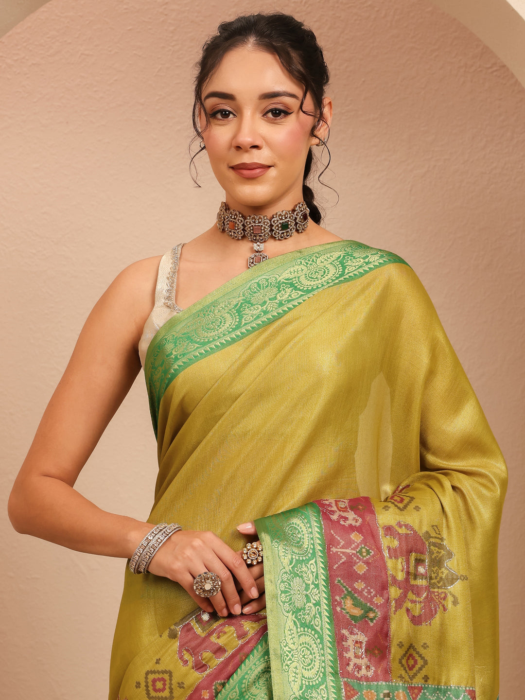  Fern Green Patola Border Silk Blend Saree 
