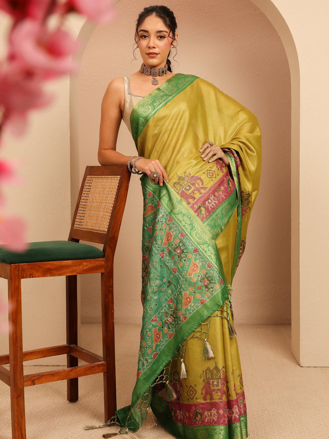  Fern Green Patola Border Silk Blend Saree 