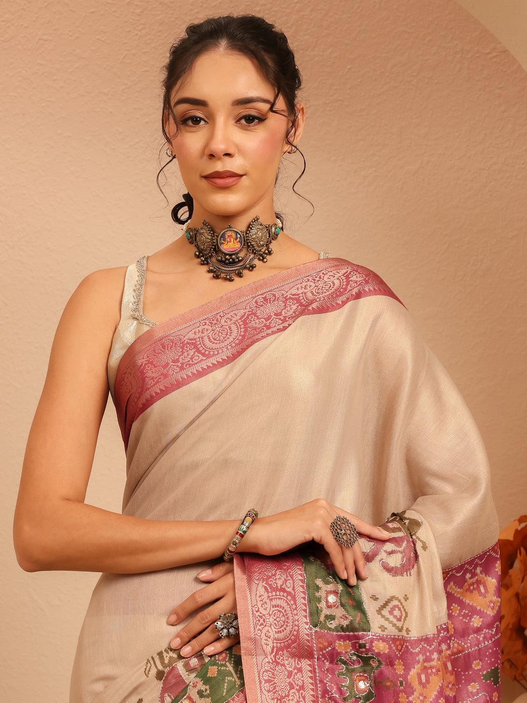  Cream Patola Border Silk Blend Saree 