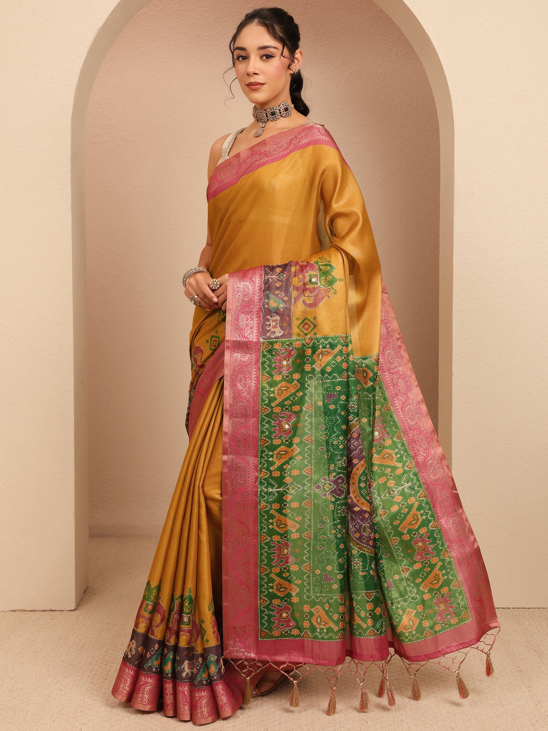  Mustard Patola Border Silk Blend Saree 