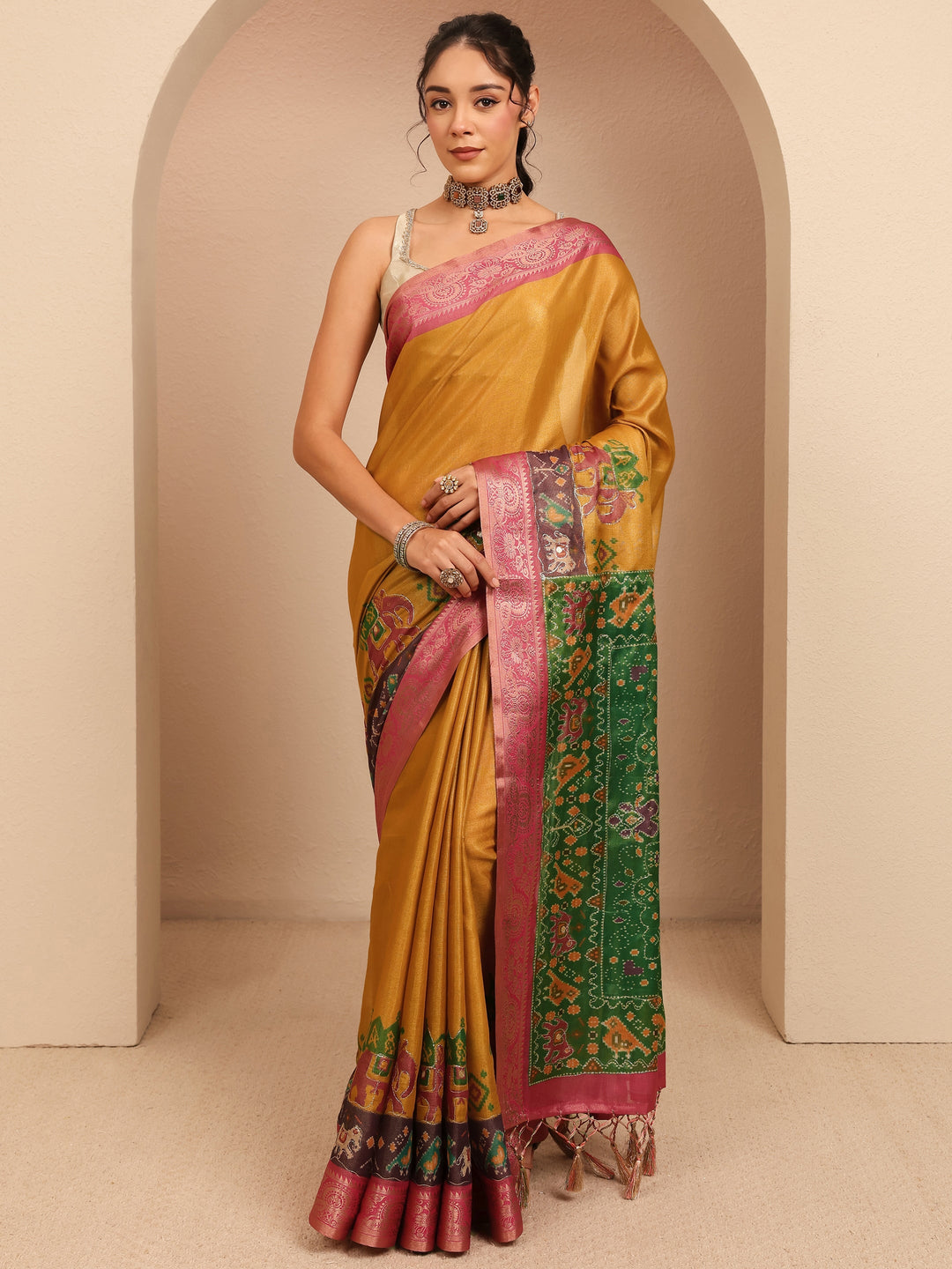  Mustard Patola Border Silk Blend Saree 