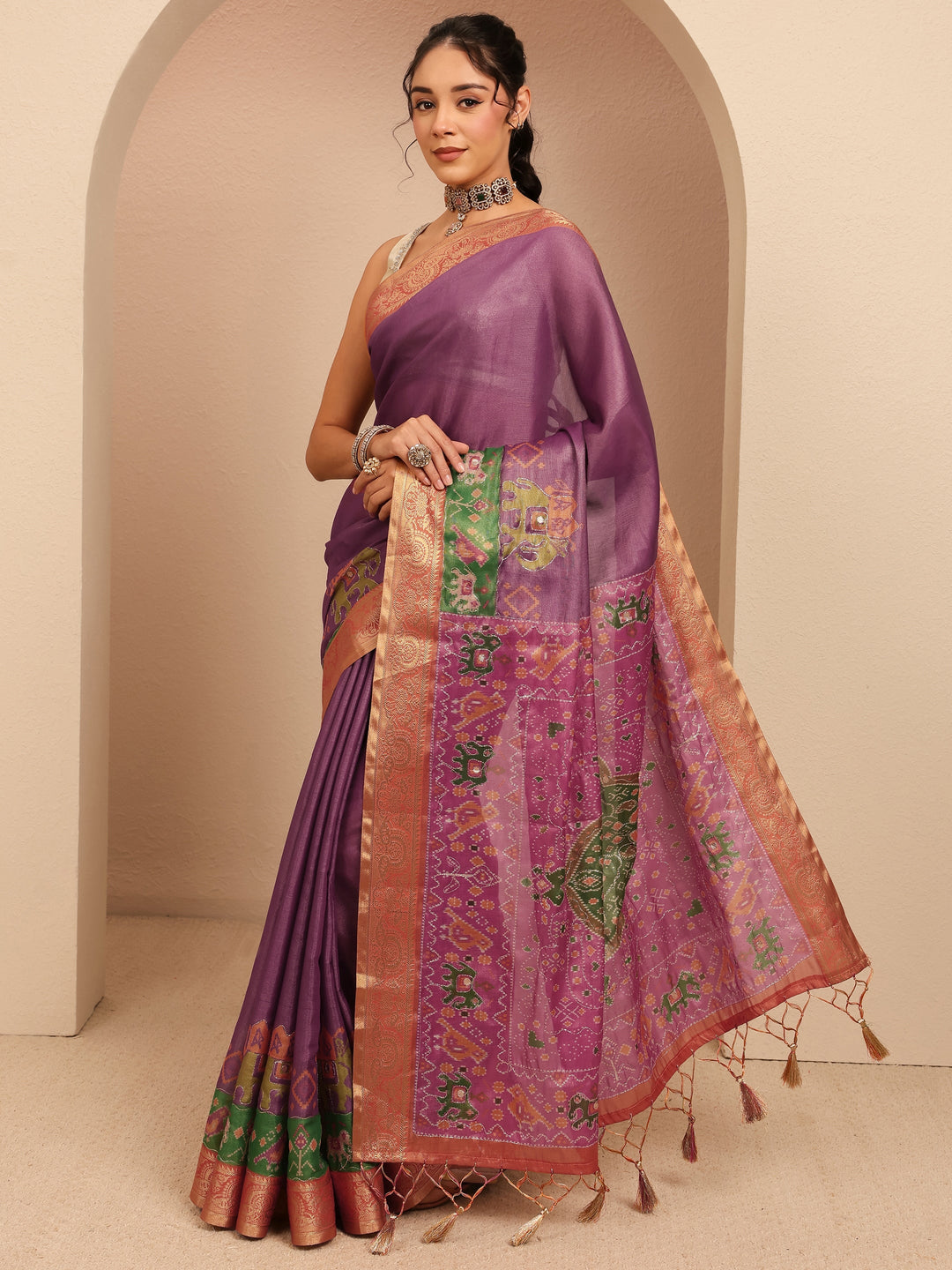  Purple Patola Border Silk Blend Saree 