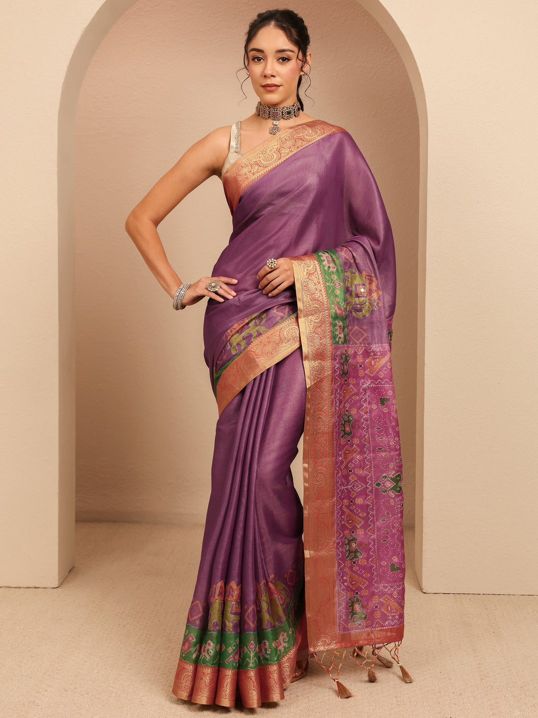  Purple Patola Border Silk Blend Saree 