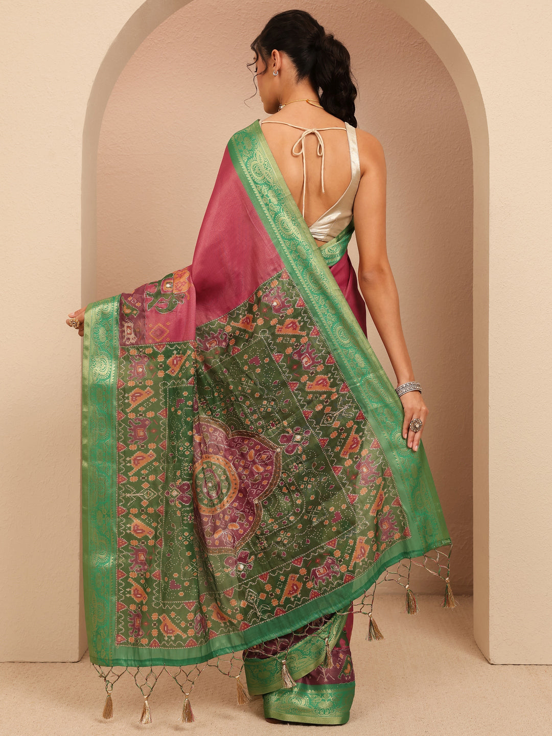  Pink Patola Border Silk Blend Saree 