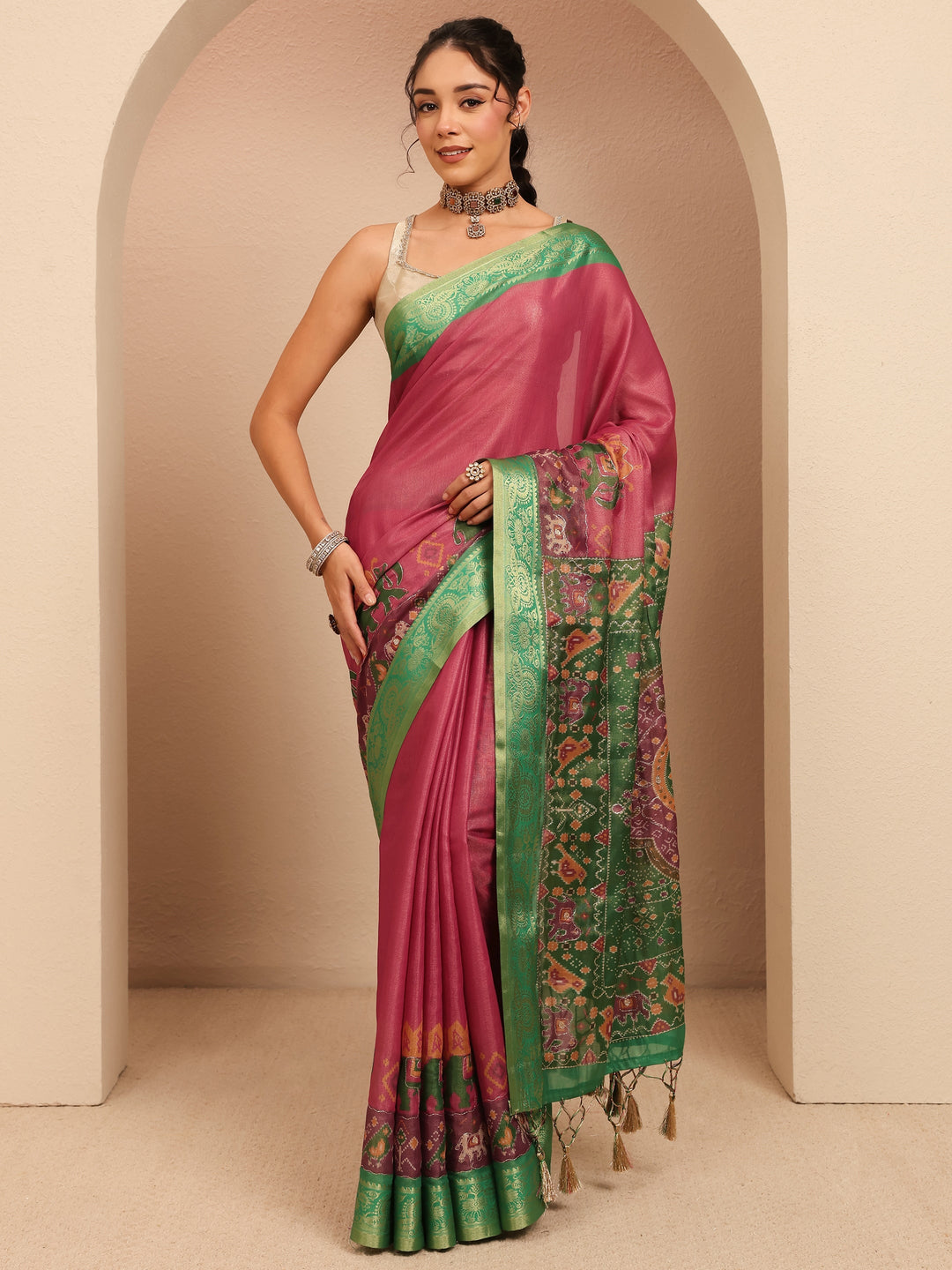  Pink Patola Border Silk Blend Saree 