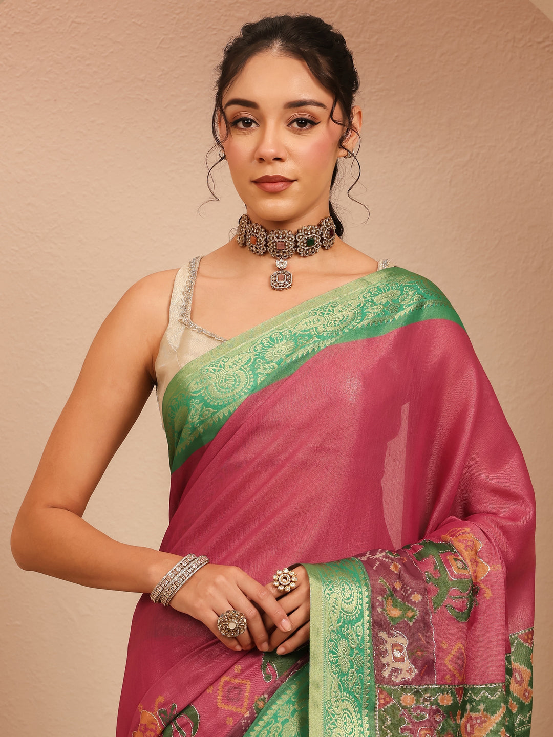  Pink Patola Border Silk Blend Saree 