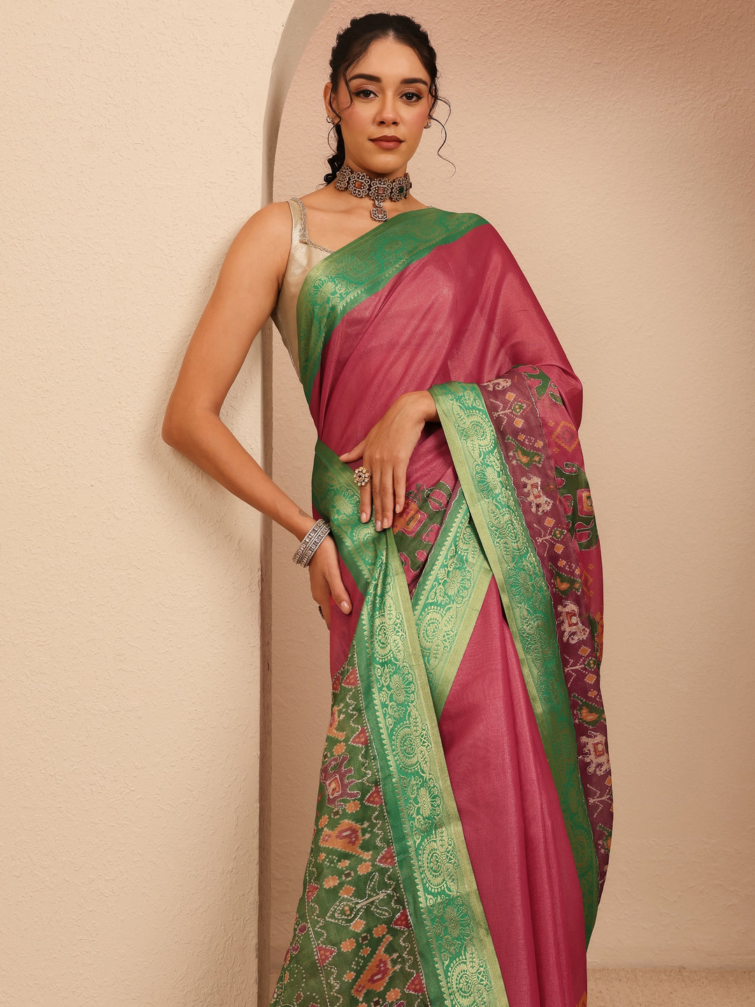  Pink Patola Border Silk Blend Saree 