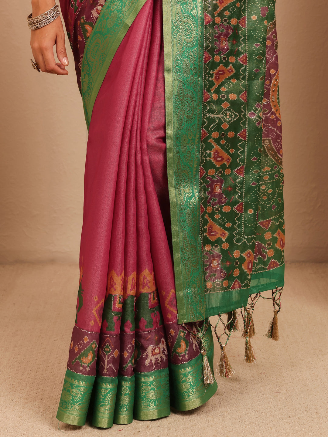  Pink Patola Border Silk Blend Saree 