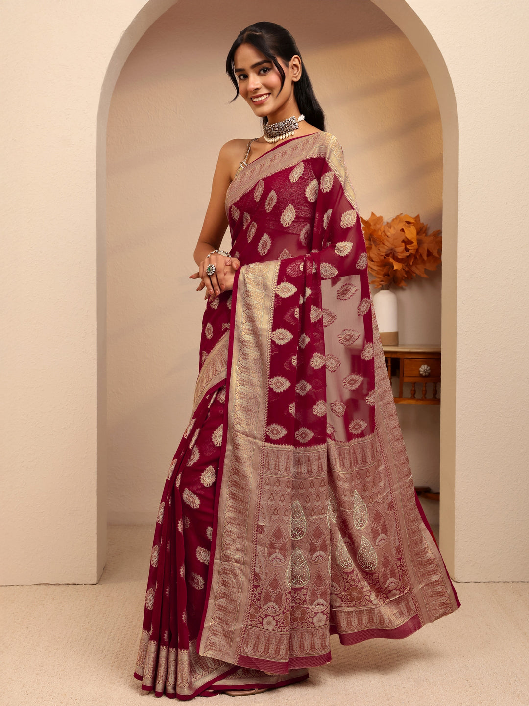  Maroon Woven Design Chiffon Saree 
