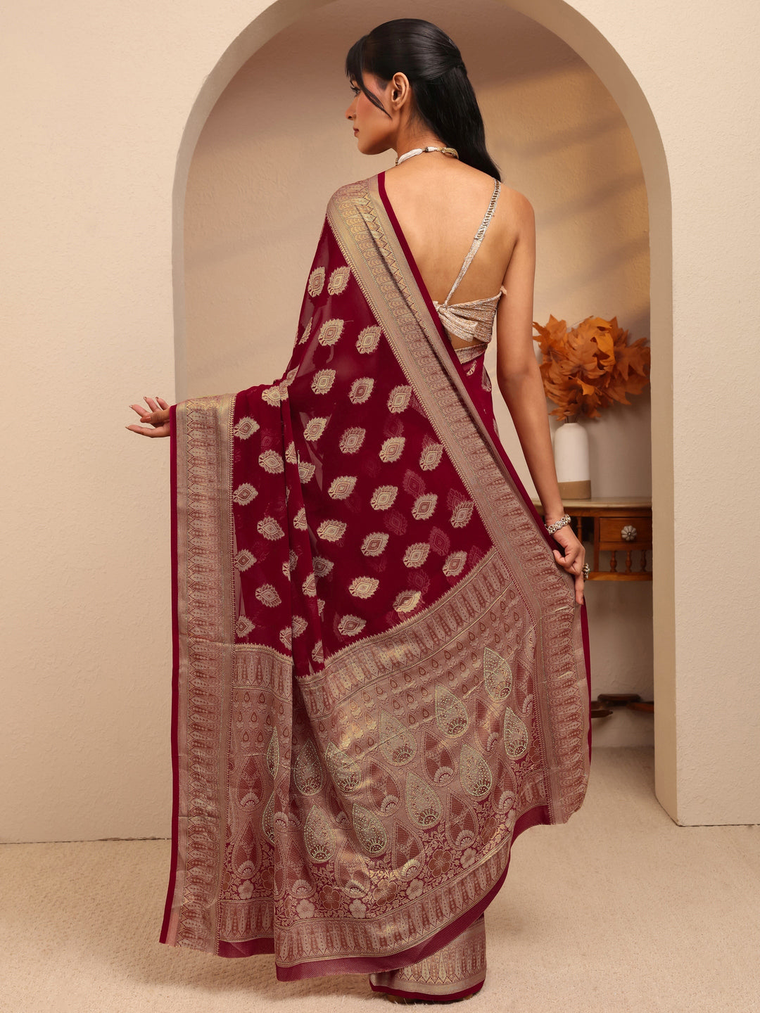  Maroon Woven Design Chiffon Saree 