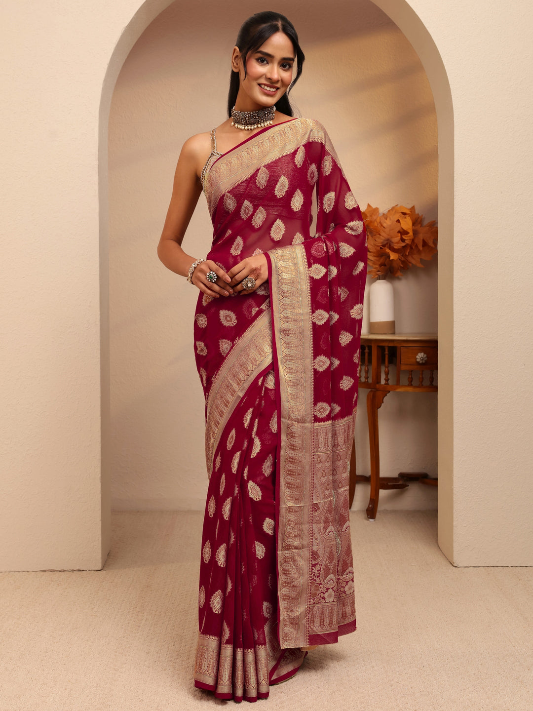  Maroon Woven Design Chiffon Saree 
