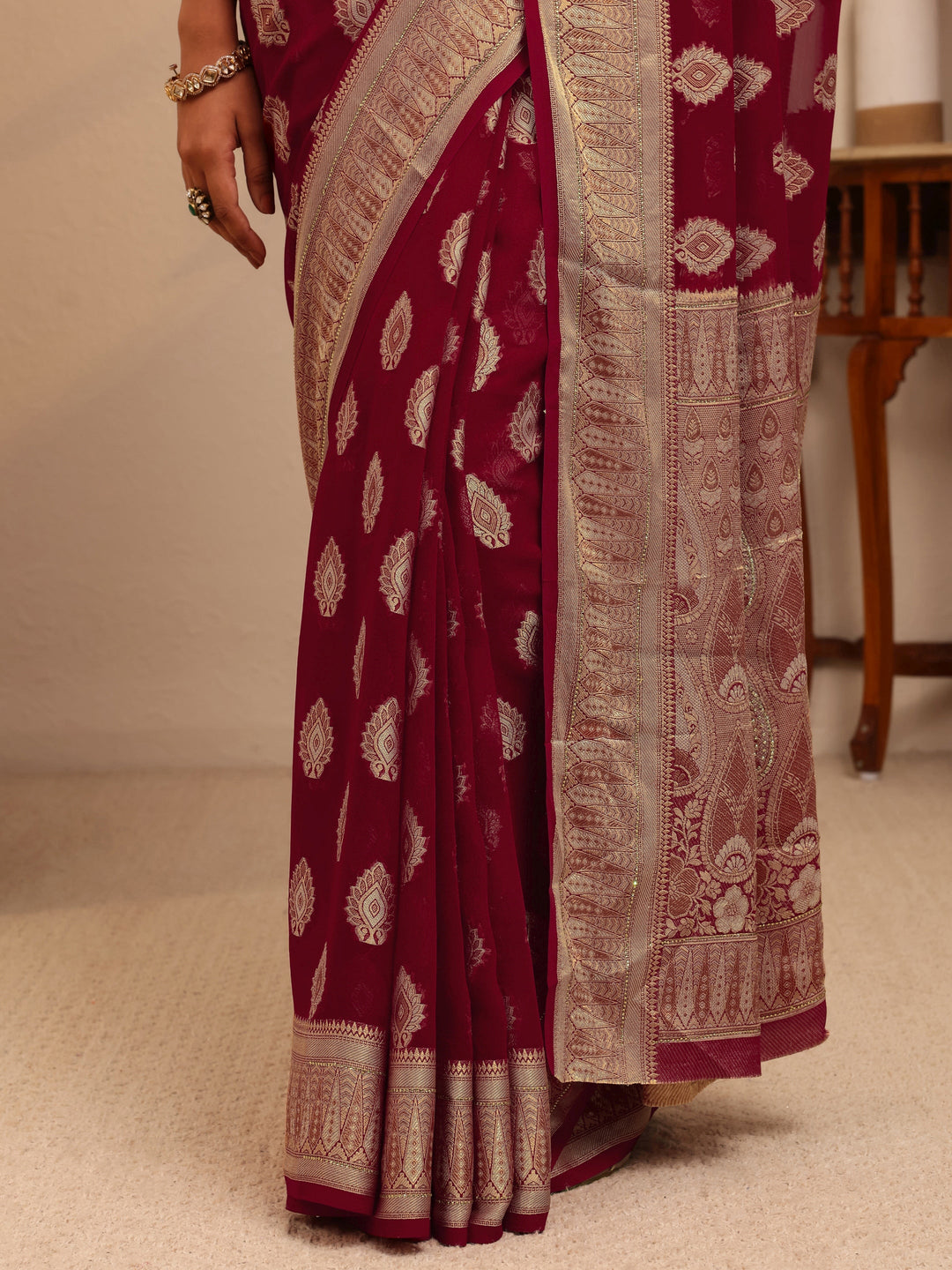  Maroon Woven Design Chiffon Saree 