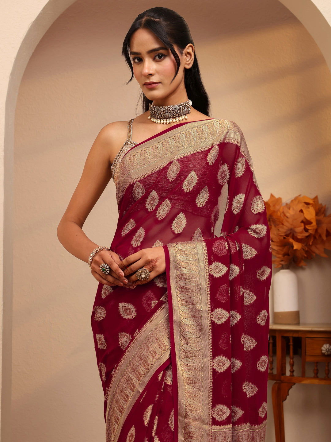  Maroon Woven Design Chiffon Saree 