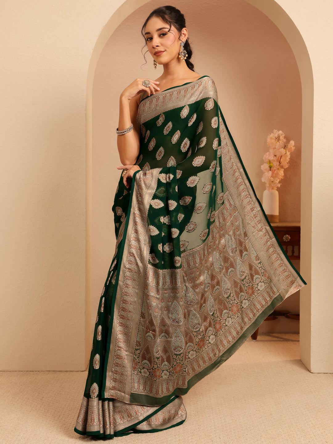  Sacramento Green Woven Design Chiffon Saree 