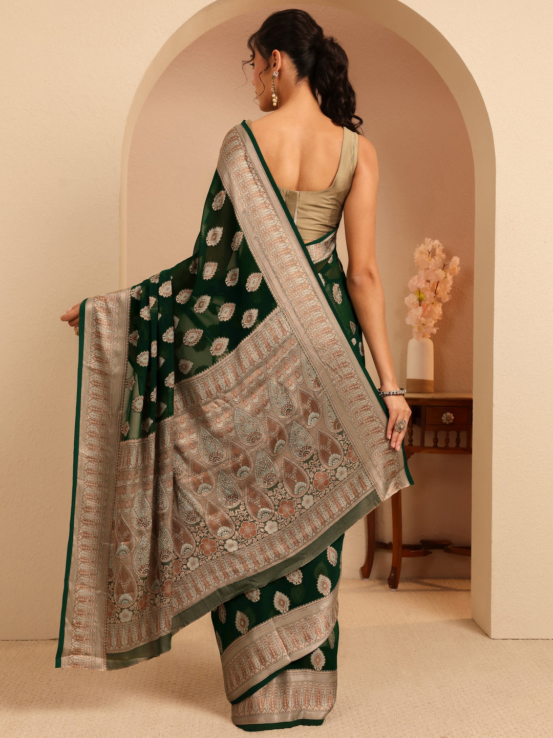  Sacramento Green Woven Design Chiffon Saree 