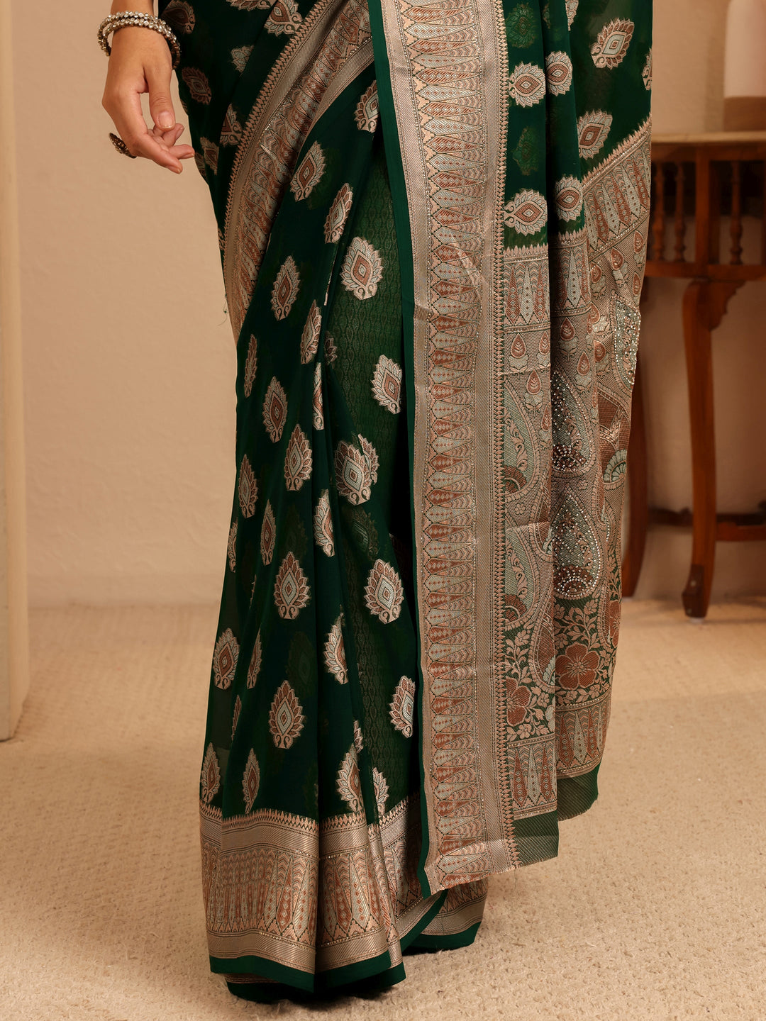  Sacramento Green Woven Design Chiffon Saree 