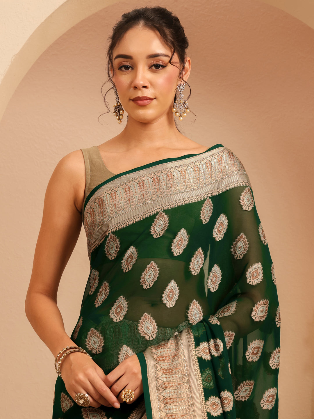  Sacramento Green Woven Design Chiffon Saree 