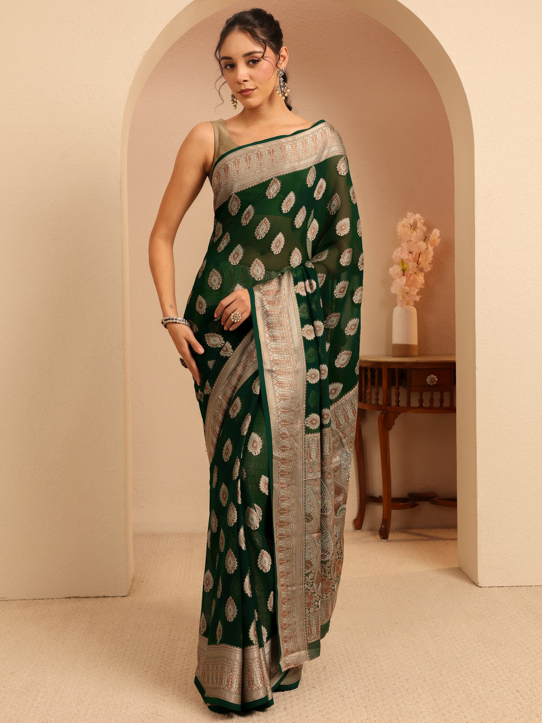  Sacramento Green Woven Design Chiffon Saree 