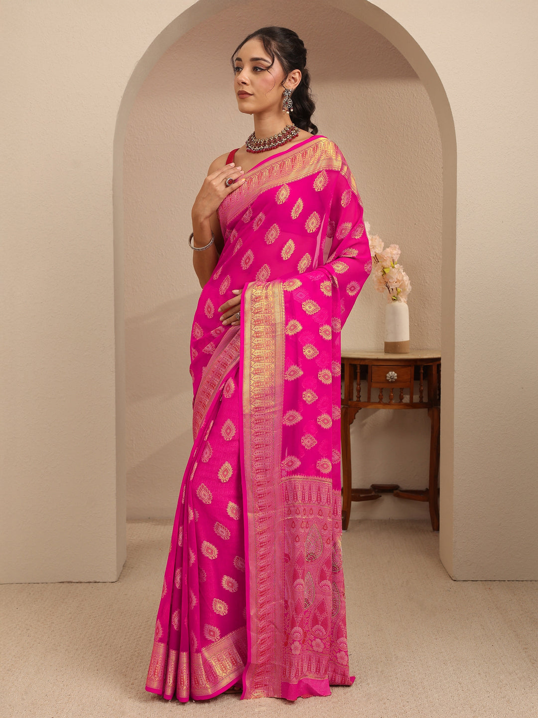  Rani Pink Woven Design Chiffon Saree 