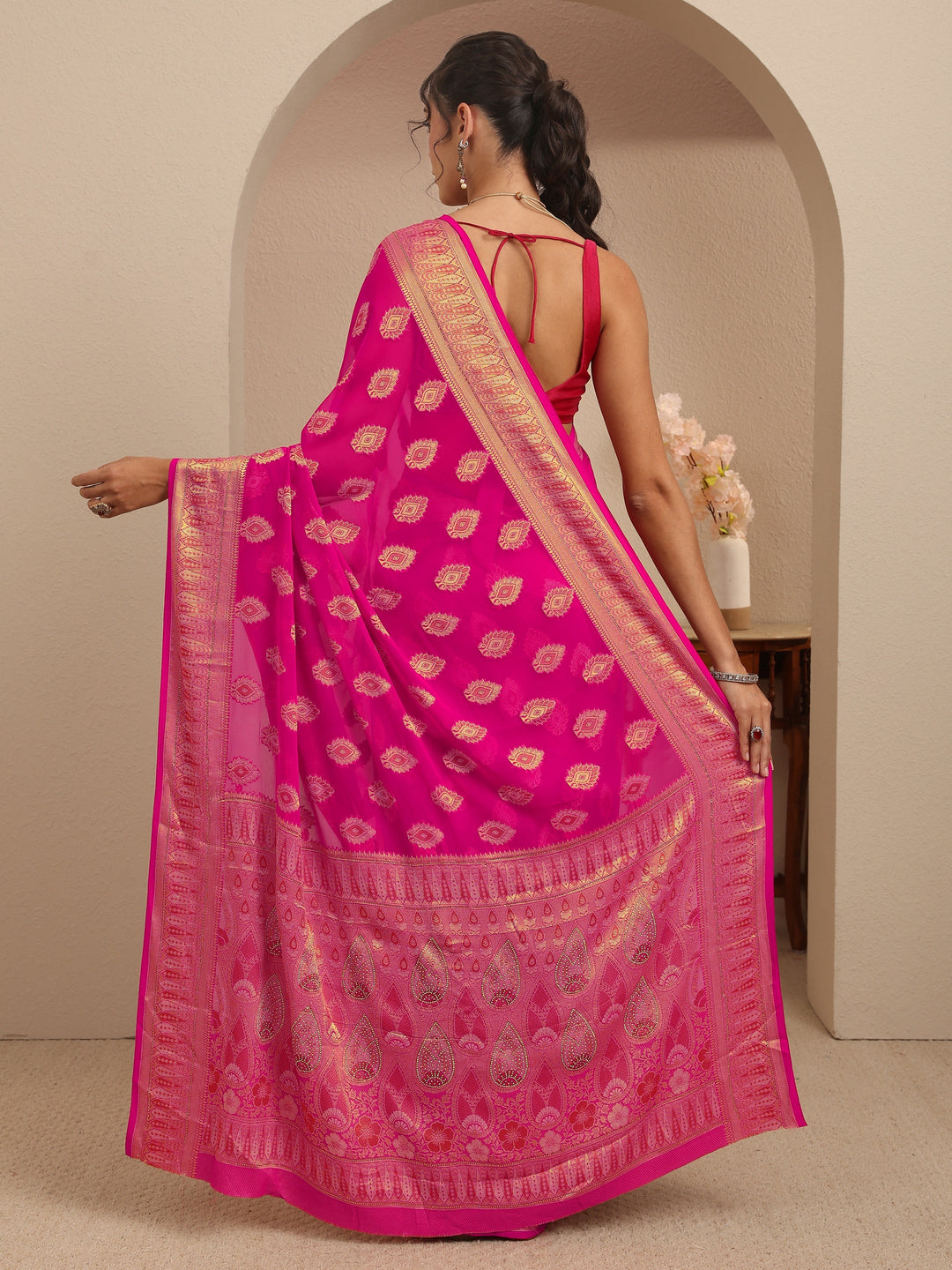  Rani Pink Woven Design Chiffon Saree 