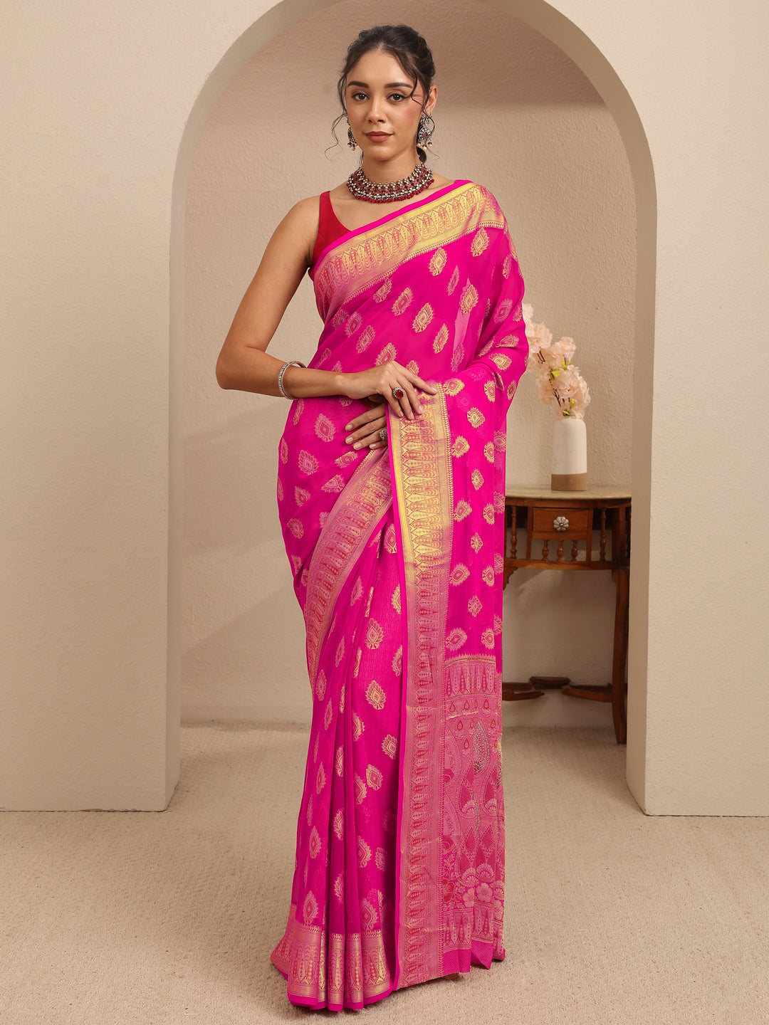  Rani Pink Woven Design Chiffon Saree 