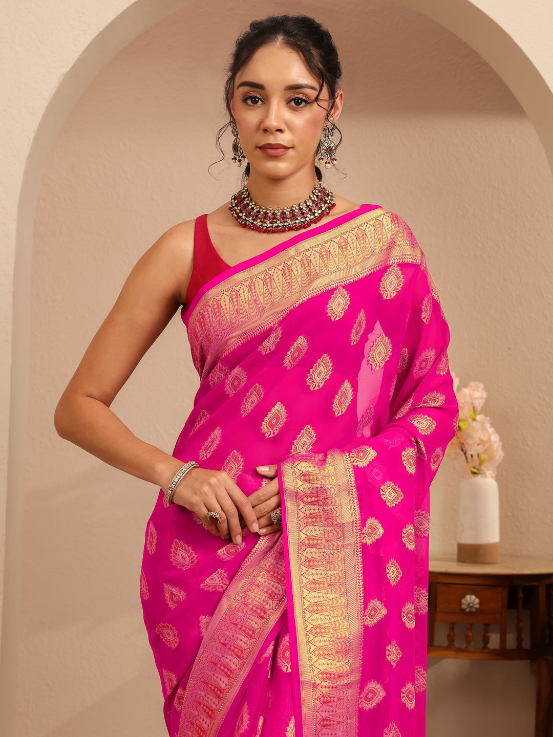  Rani Pink Woven Design Chiffon Saree 