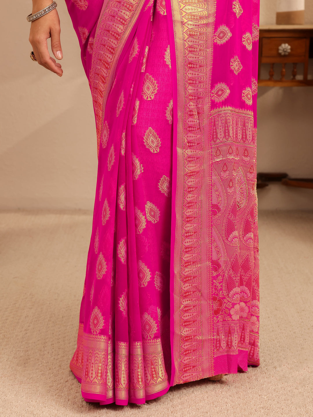  Rani Pink Woven Design Chiffon Saree 