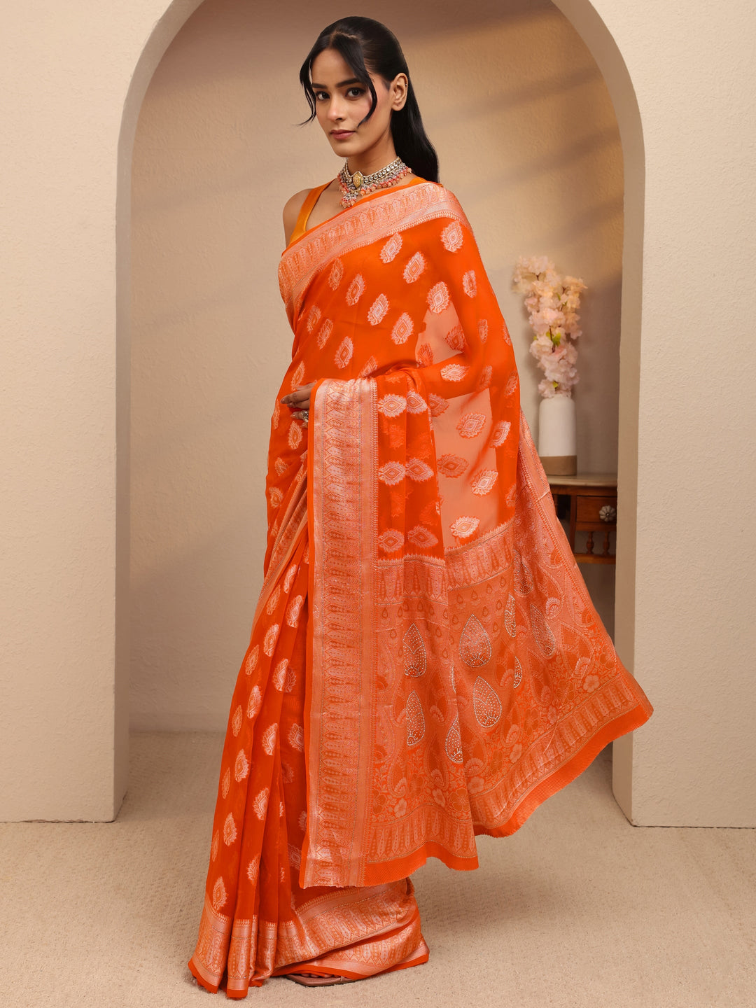  Orange Woven Design Chiffon Saree 