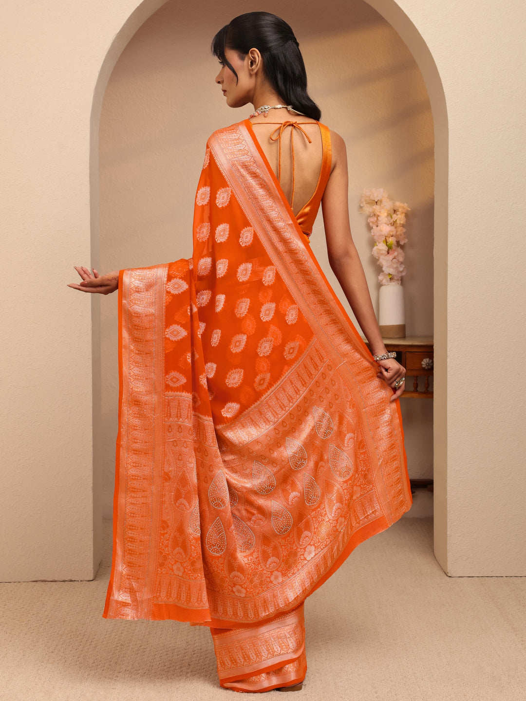  Orange Woven Design Chiffon Saree 