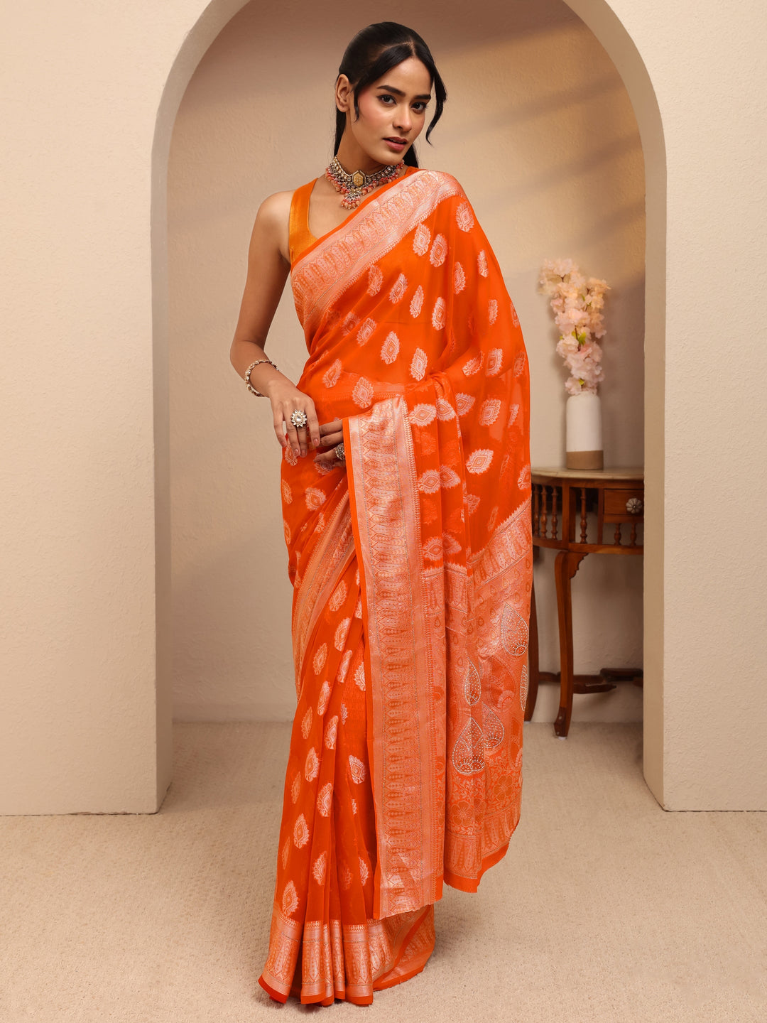 Orange Woven Design Chiffon Saree 